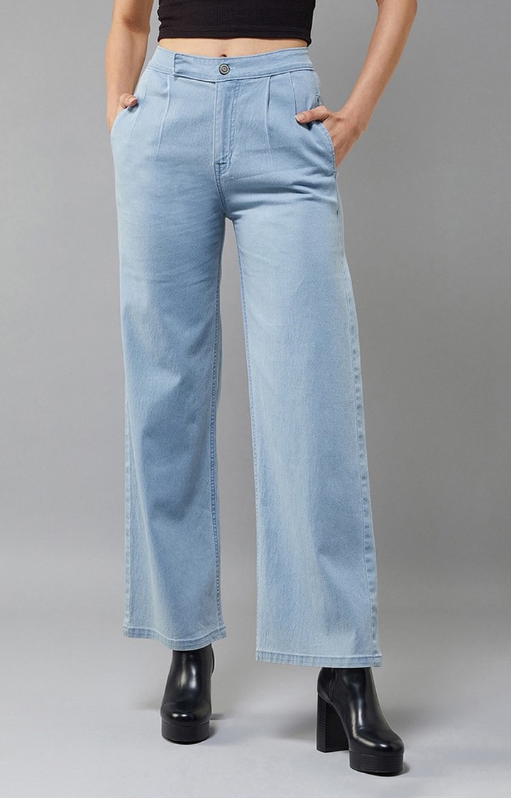Dolce Crudo | Women's Light Blue Wide-Leg High Rise Clean Look Regular Stretchable Denim Jeans
