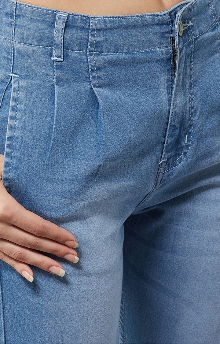Women's Mid Blue Straight High Rise Clean Look Regular Stretchable Denim Jeans
