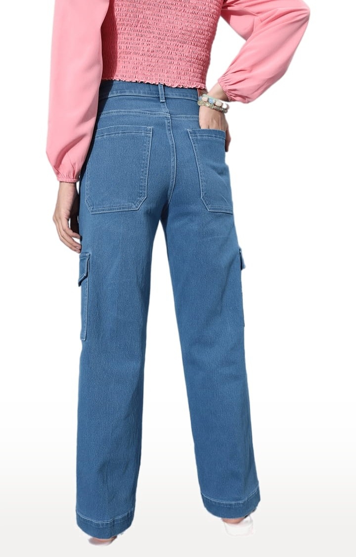 Women's Blue Cotton Solid Flared Jeans