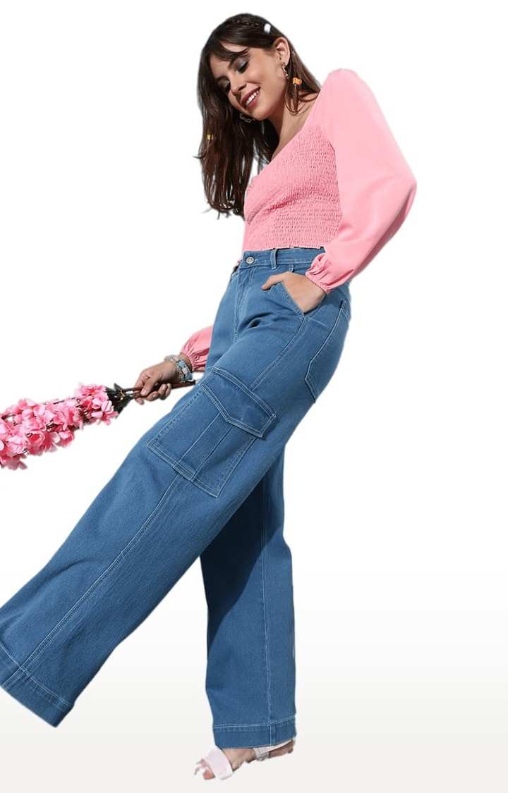 Women's Blue Cotton Solid Flared Jeans