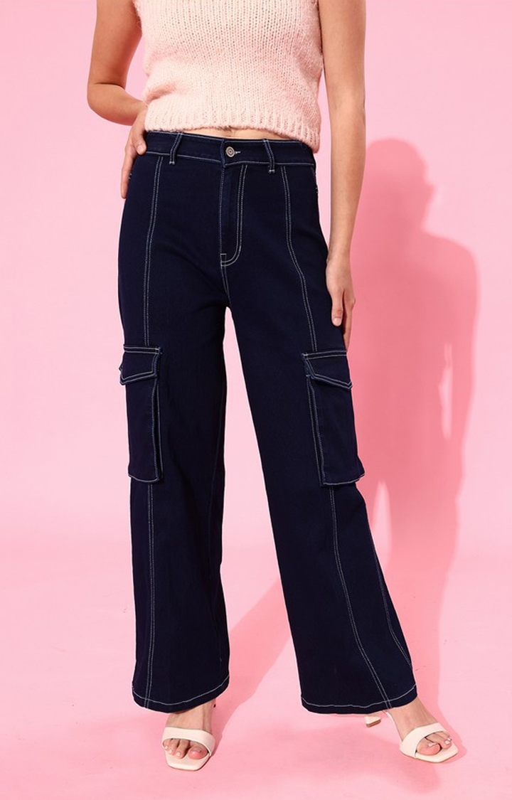 Dolce Crudo | Women's Navy Blue Wide leg High rise Clean look Regular Stretchable Denim Jeans