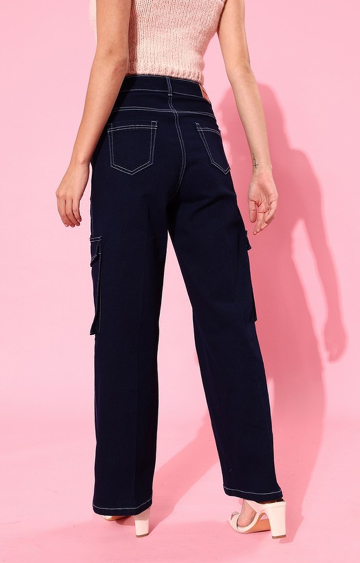 Women's Navy Blue Wide leg High rise Clean look Regular Stretchable Denim Jeans