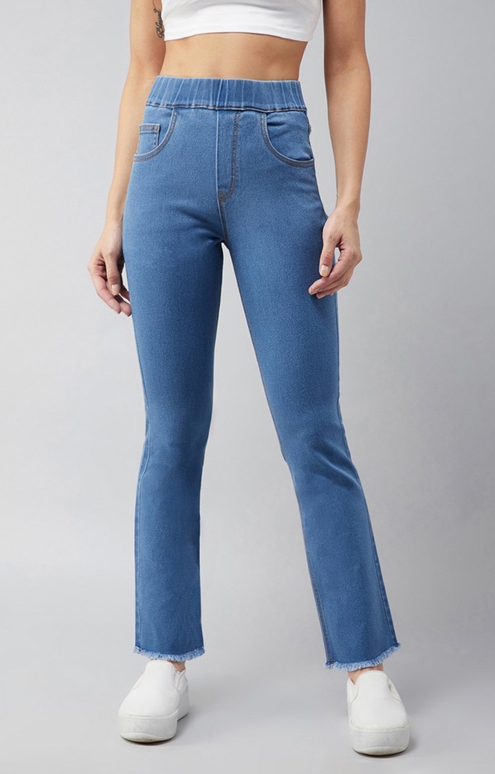 Dolce Crudo | Women's Blue Semi-Bootcut Mid-rise Clean Look Regular Stretchable Denim Jeans