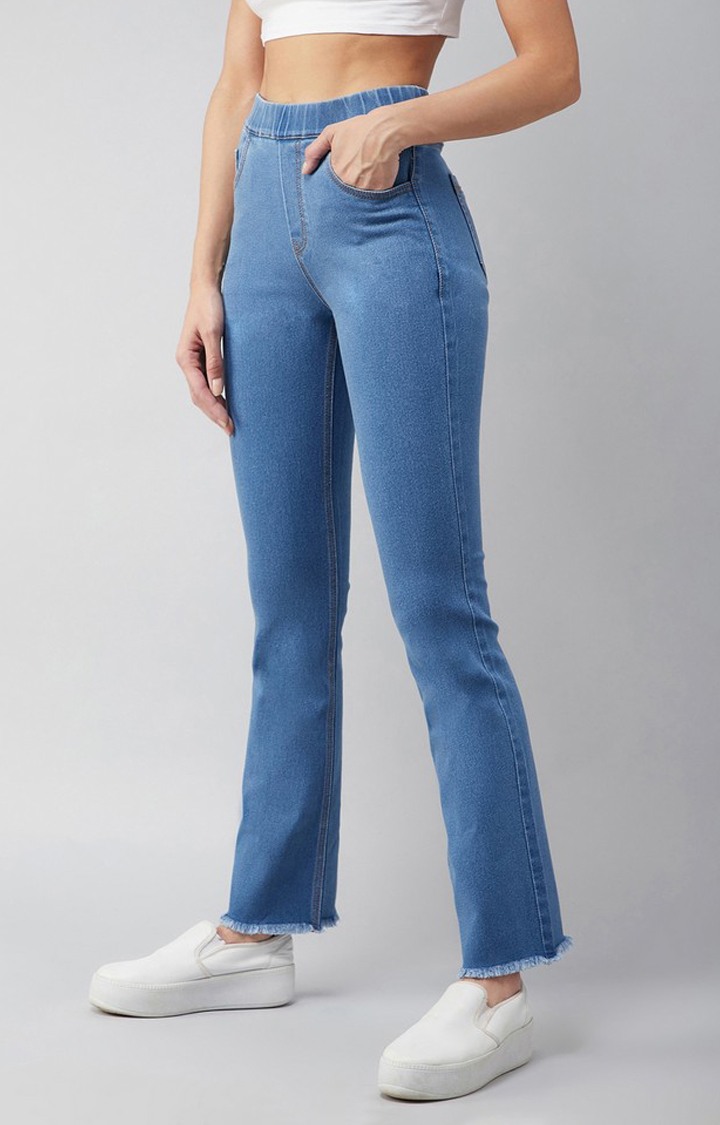 Women's Blue Semi-Bootcut Mid-rise Clean Look Regular Stretchable Denim Jeans