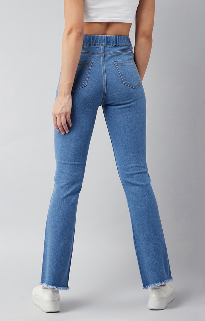 Women's Blue Semi-Bootcut Mid-rise Clean Look Regular Stretchable Denim Jeans