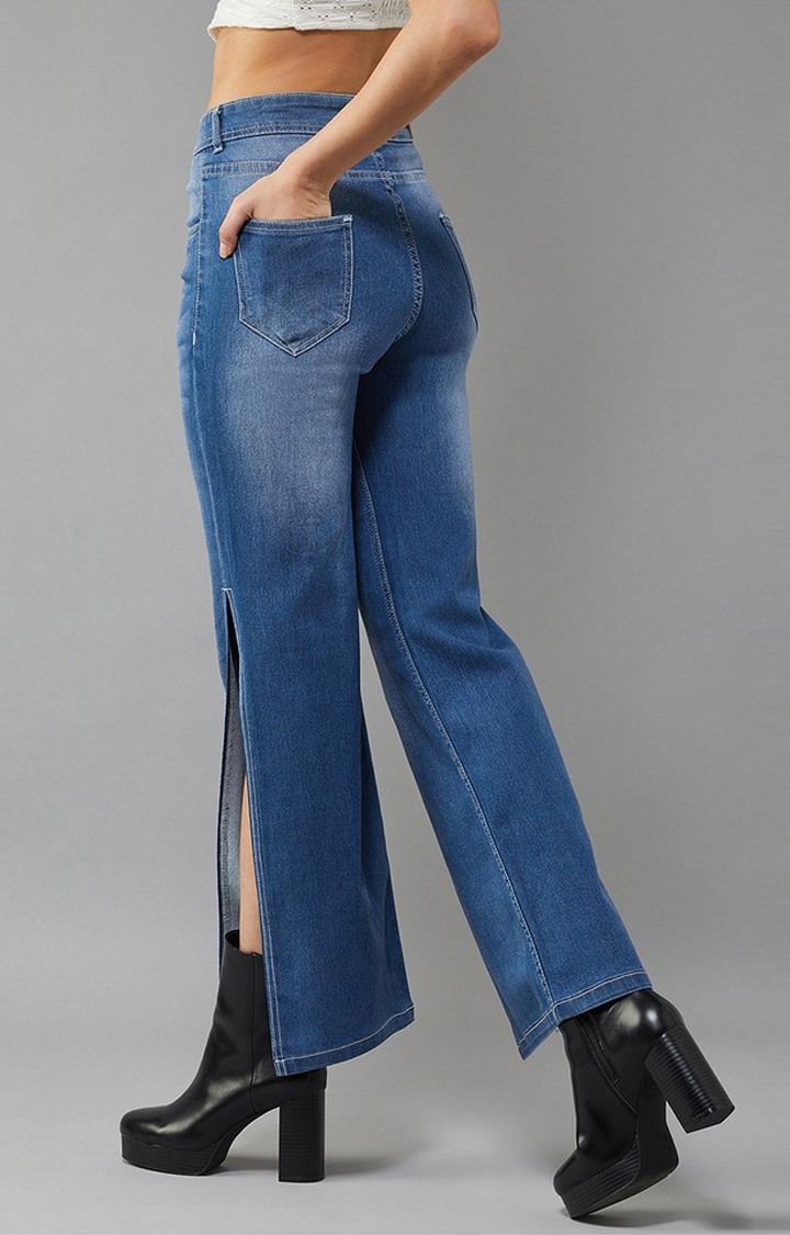 Women's Light Blue Wide-Leg Fit Mid Rise Clean Look Regular Stretchable Denim Jeans