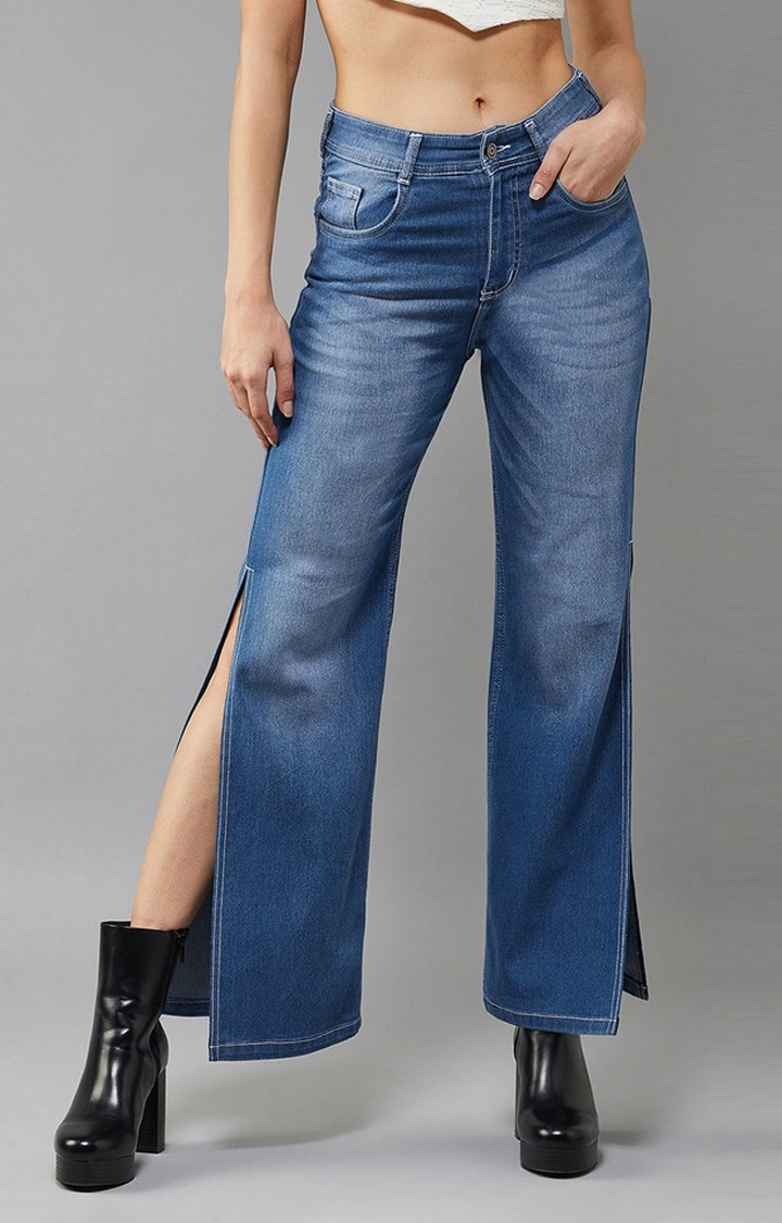 Dolce Crudo | Women's Light Blue Wide-Leg Fit Mid Rise Clean Look Regular Stretchable Denim Jeans
