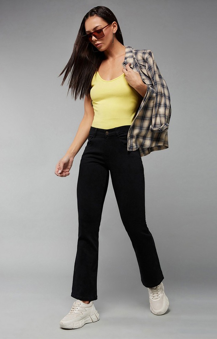 Women's Black Wide-Leg High rise Clean look Regular Stretchable Denim Jeans