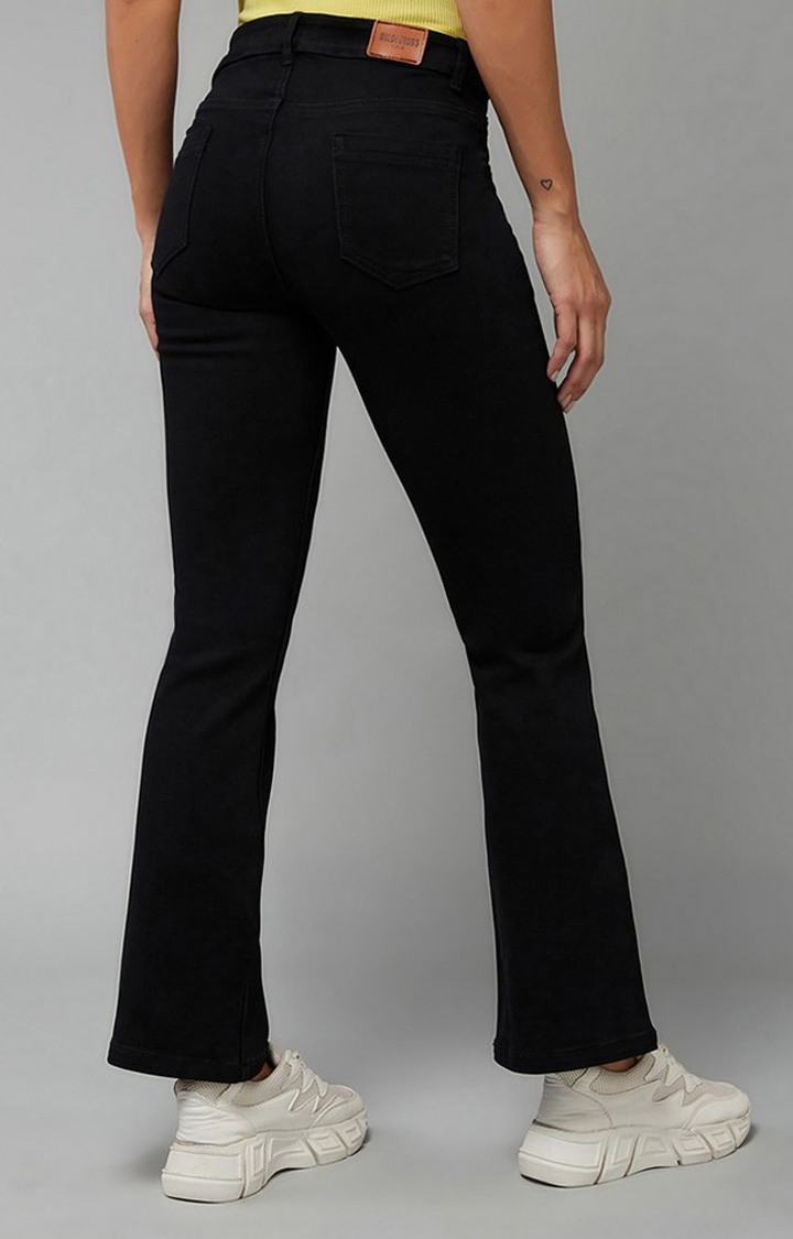 Women's Black Wide-Leg High rise Clean look Regular Stretchable Denim Jeans