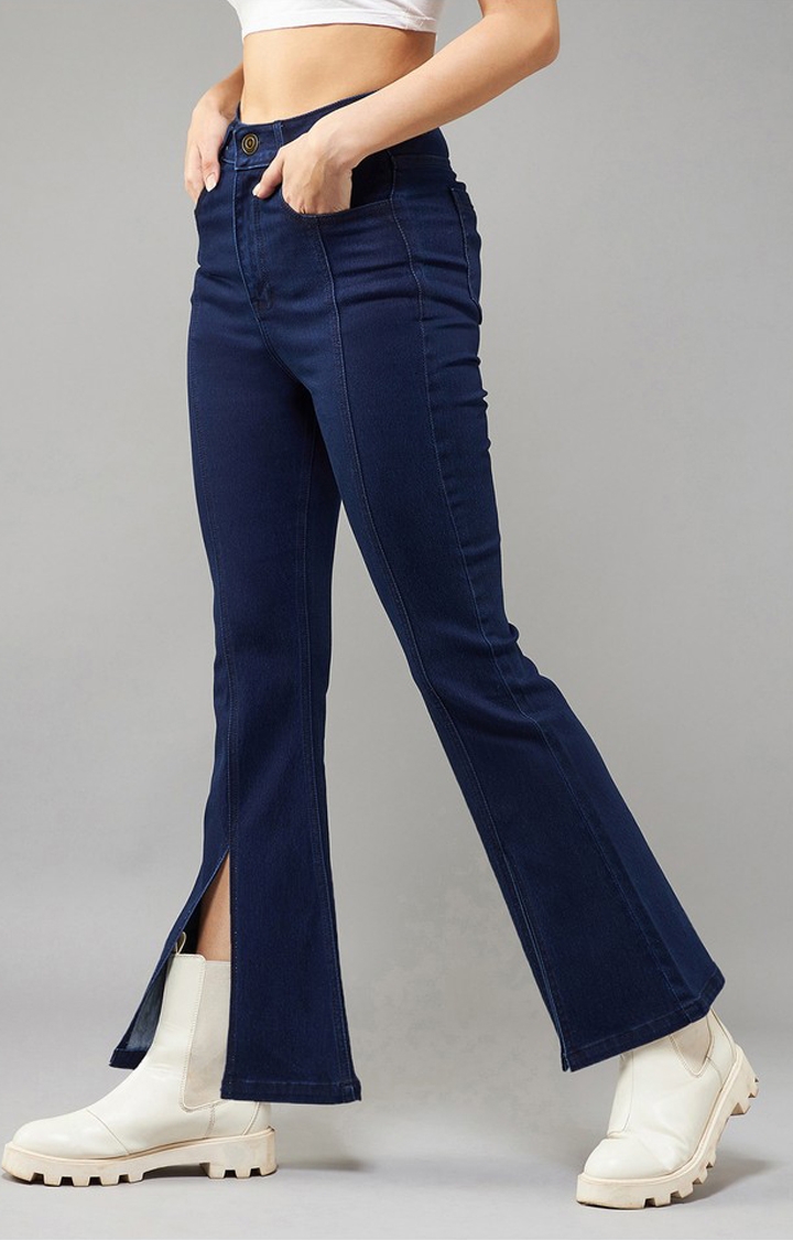 Women's Navy Blue Bootcut High rise Clean look Regular Stretchable Denim Jeans