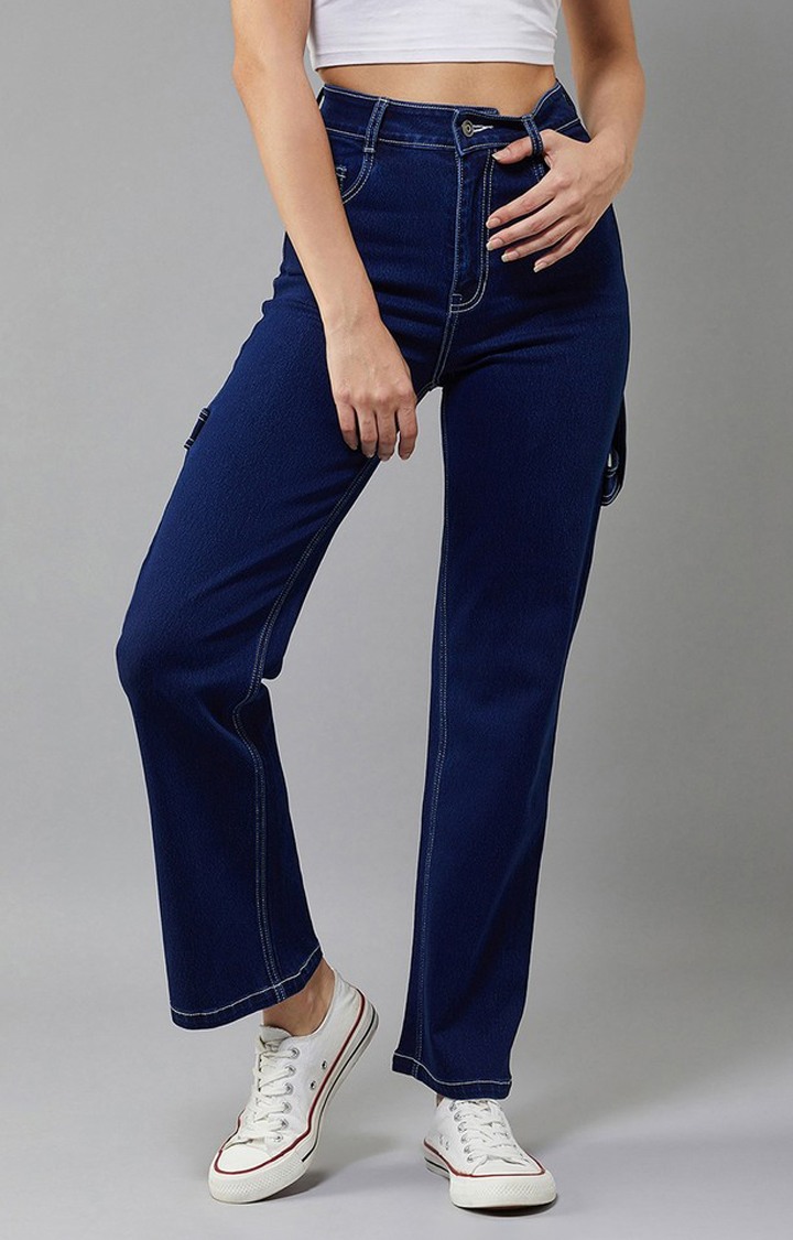 Dolce Crudo | Women's Navy Blue Wide leg High rise Clean look Regular Stretchable Denim Jeans