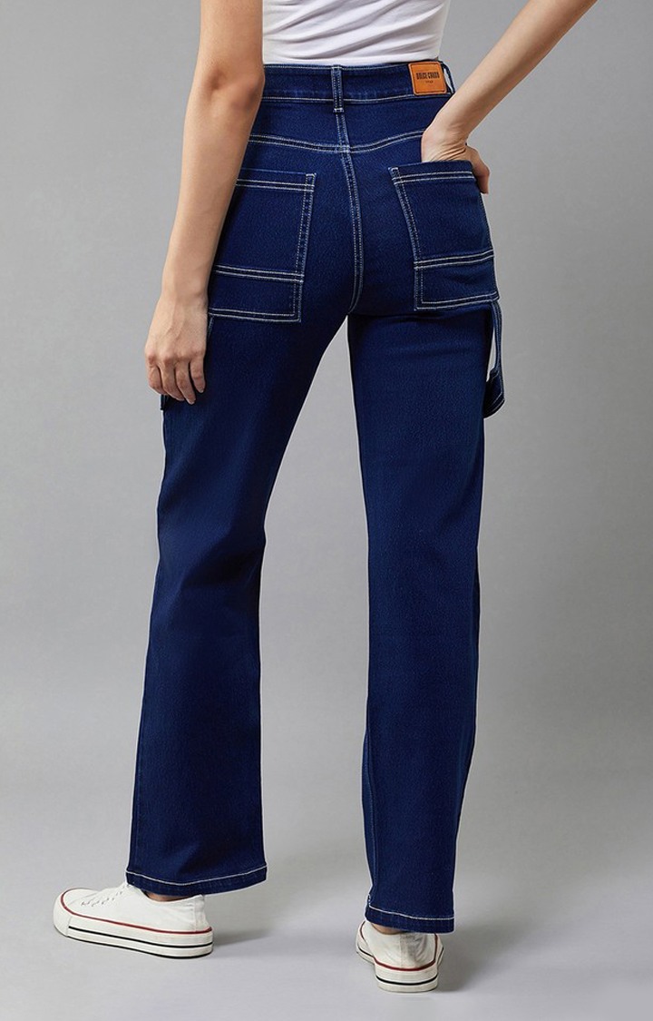Women's Navy Blue Wide leg High rise Clean look Regular Stretchable Denim Jeans