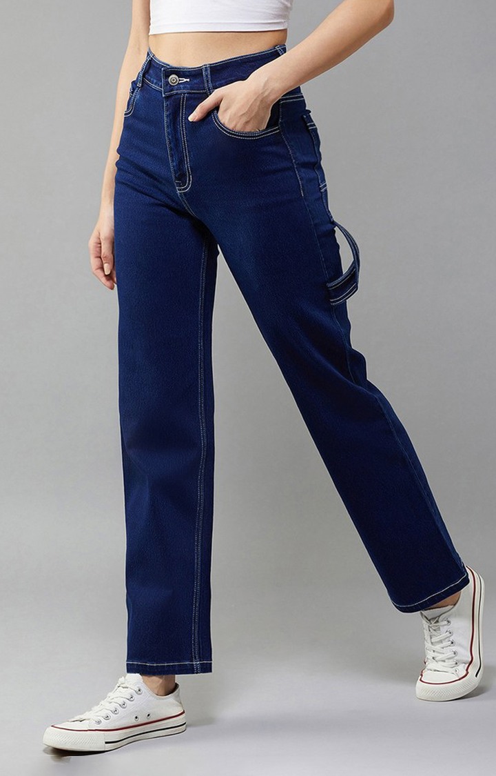 Women's Navy Blue Wide leg High rise Clean look Regular Stretchable Denim Jeans