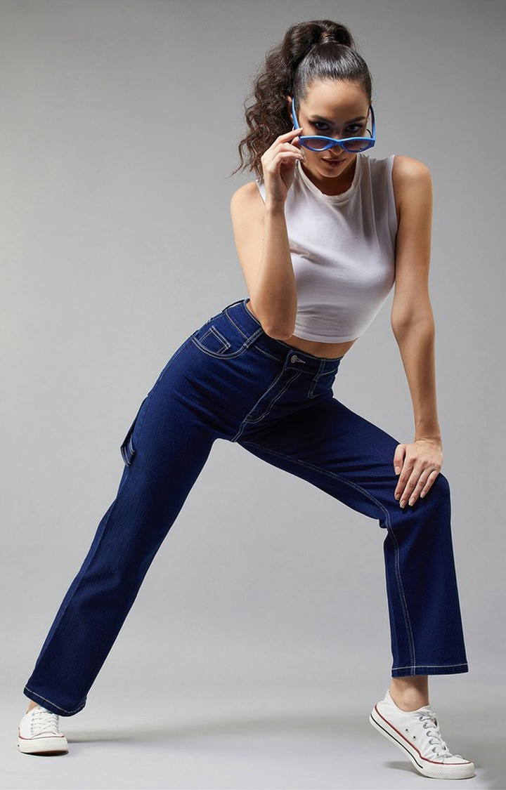 Women's Navy Blue Wide leg High rise Clean look Regular Stretchable Denim Jeans