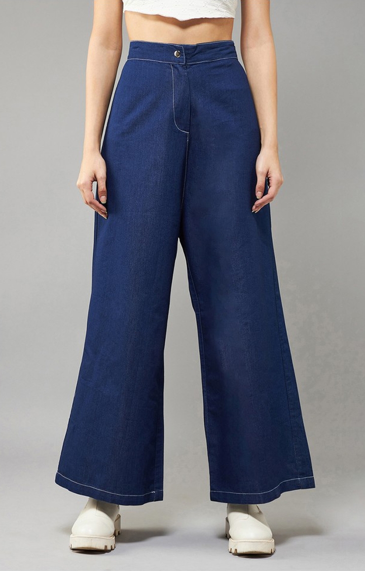 Dolce Crudo | Women's Navy Blue Wide-Leg High Rise Clean Look Regular Length Denim Pants