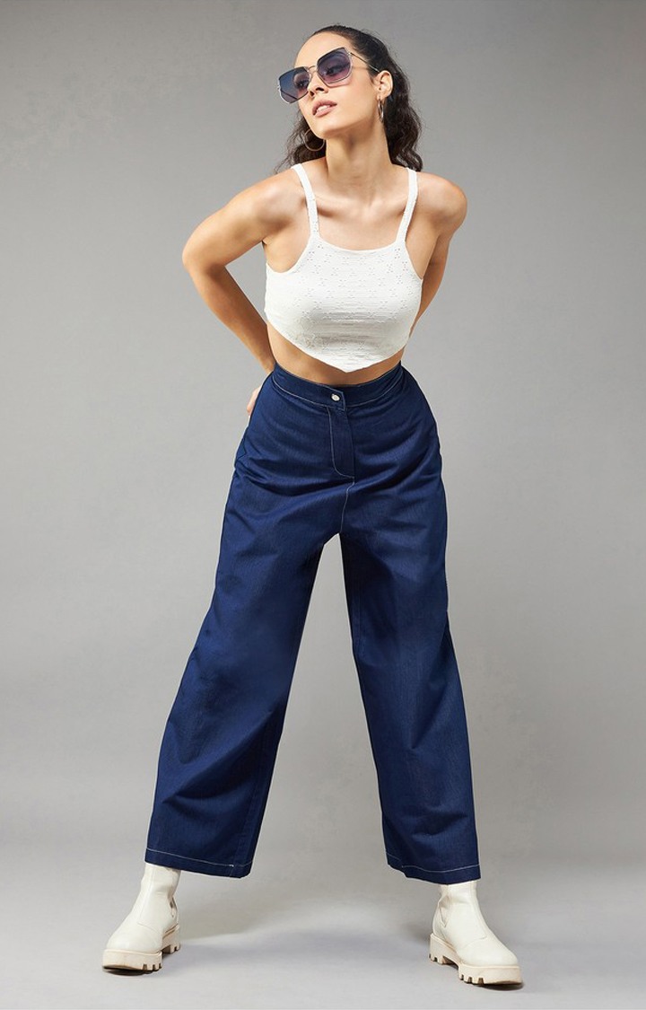 Women's Navy Blue Wide-Leg High Rise Clean Look Regular Length Denim Pants