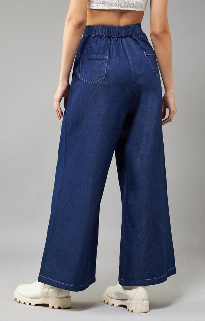 Women's Navy Blue Wide-Leg High Rise Clean Look Regular Length Denim Pants
