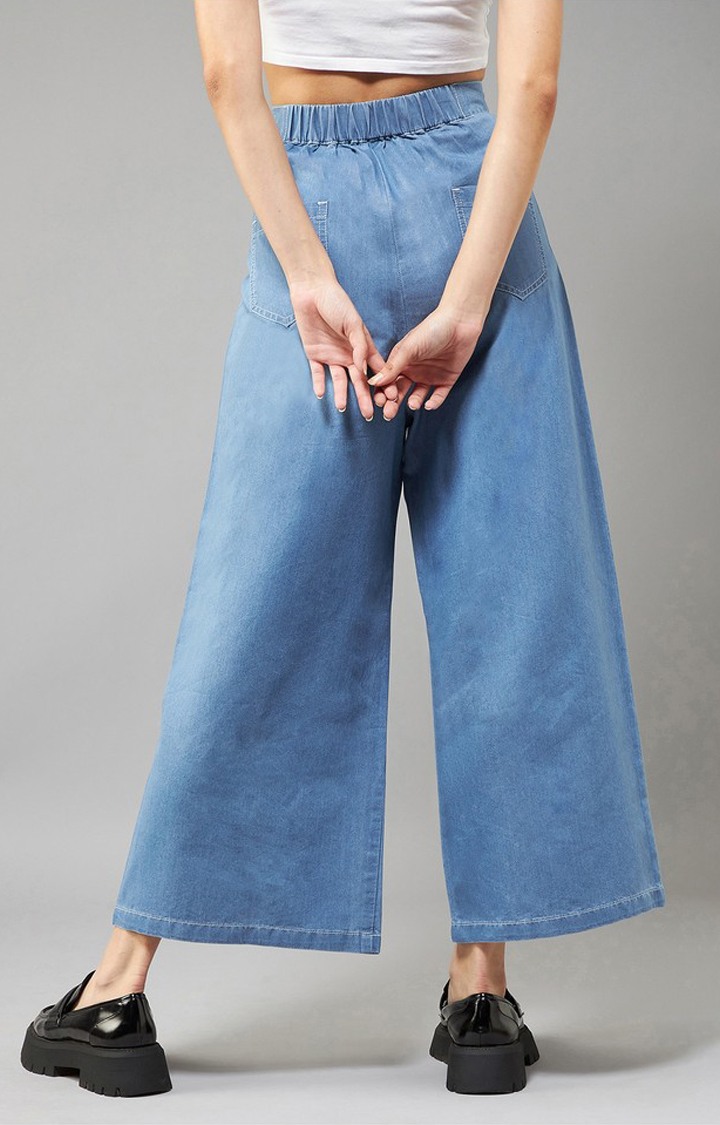 Women's Blue Flared Wide-Leg High Rise Clean Look Regular Length Non Stretchable Denim Pants