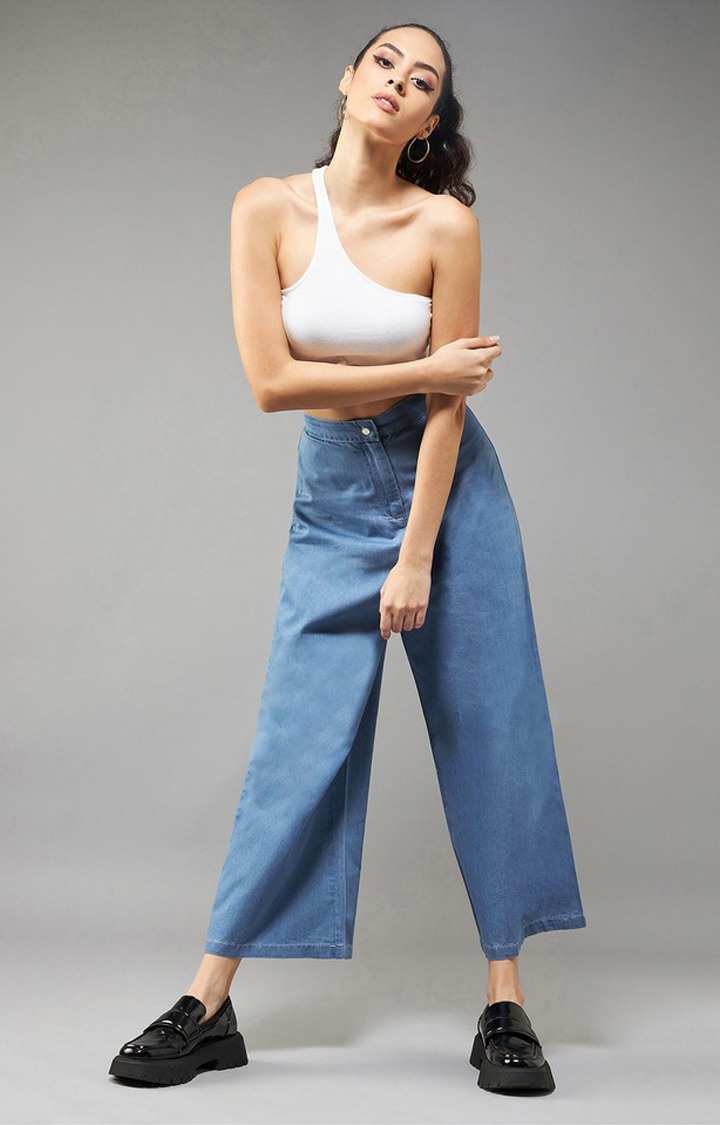 Women's Blue Flared Wide-Leg High Rise Clean Look Regular Length Non Stretchable Denim Pants