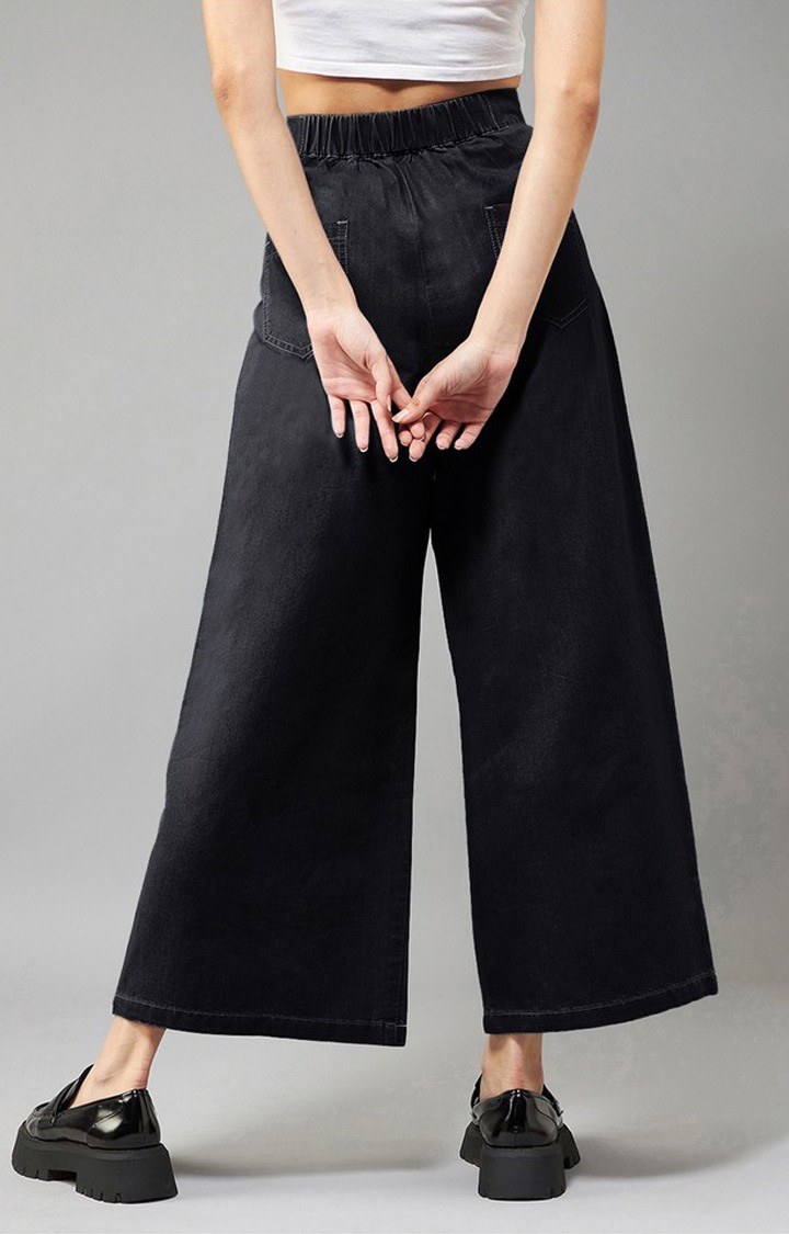 Women's Black Wide-Leg High Rise Clean Look Regular Length Denim Pants