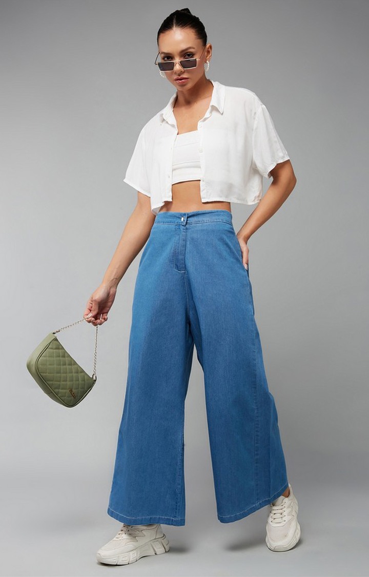 Women's Blue Wide-Leg High Rise Clean Look Regular Length Denim Pants