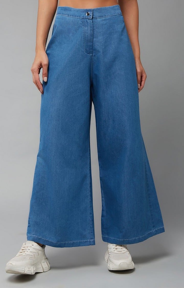 Women's Blue Wide-Leg High Rise Clean Look Regular Length Denim Pants