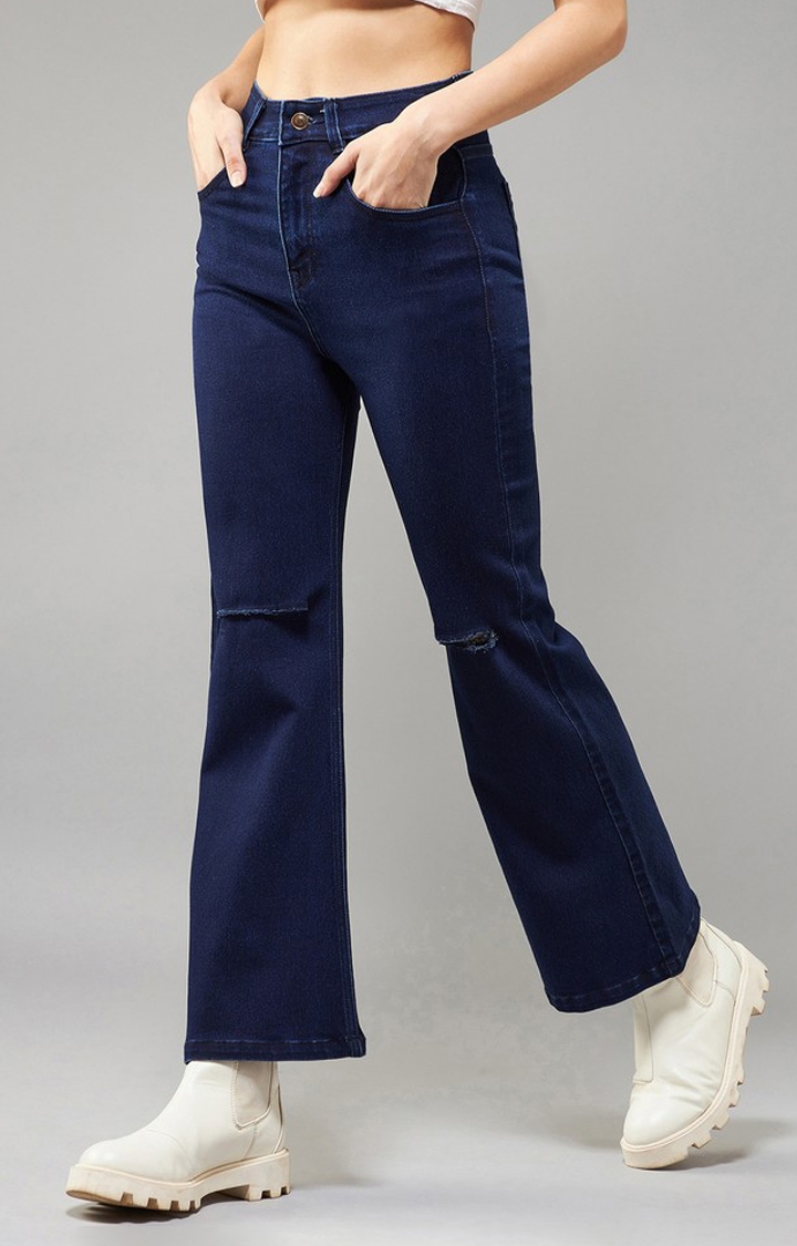 Women's Navy Blue Bootcut High Rise Clean Look Regular Stretchable Denim Jeans