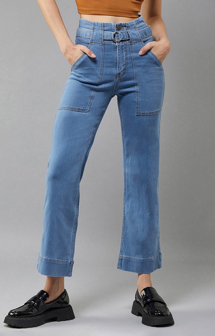 Dolce Crudo | Women's Light Blue flared High rise Clean look Cropped Stretchable Denim Jeans