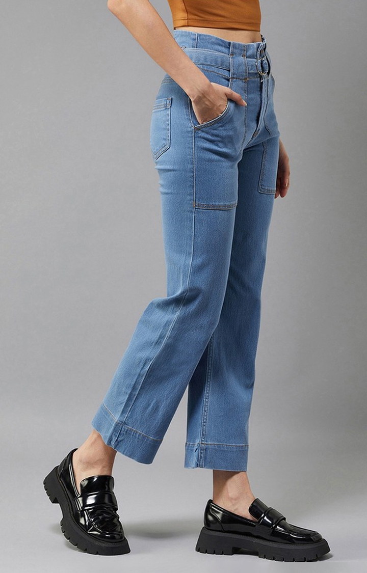 Women's Light Blue flared High rise Clean look Cropped Stretchable Denim Jeans