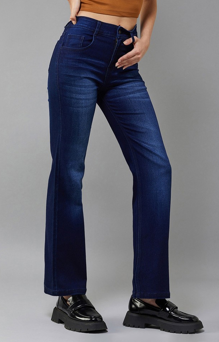 Women's Navy blue Wide leg Mid rise Clean look Regular Stretchable Denim Jeans