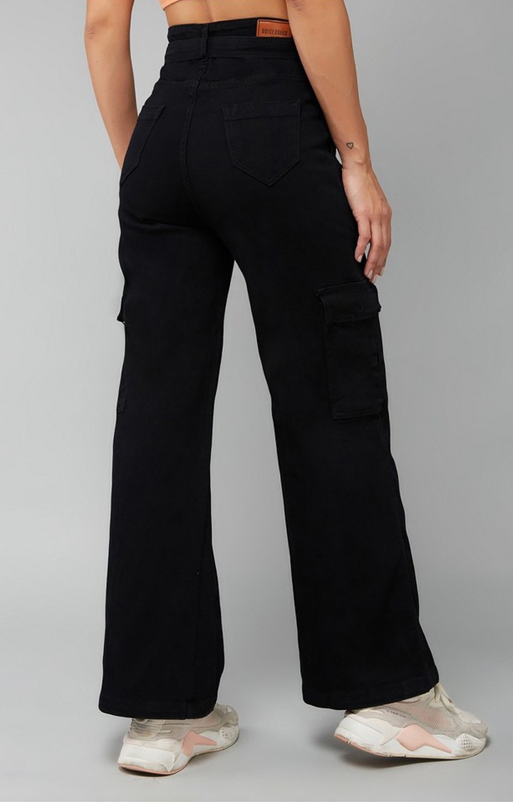 Women's Black Wide leg High rise Clean look Regular Stretchable Denim Jeans