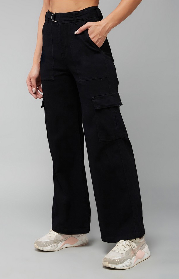 Women's Black Wide leg High rise Clean look Regular Stretchable Denim Jeans