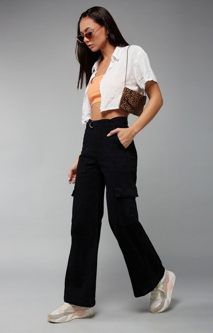 Women's Black Wide leg High rise Clean look Regular Stretchable Denim Jeans