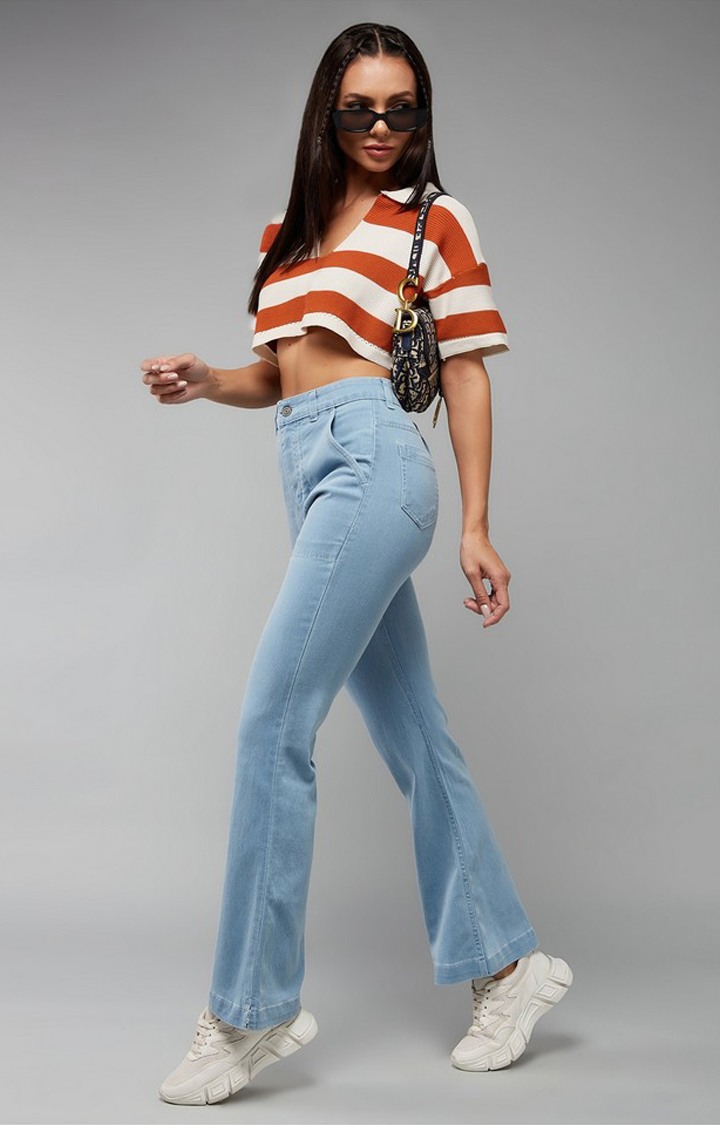 Women's Light Blue Bootcut High rise Clean look Regular Stretchable Denim Jeans