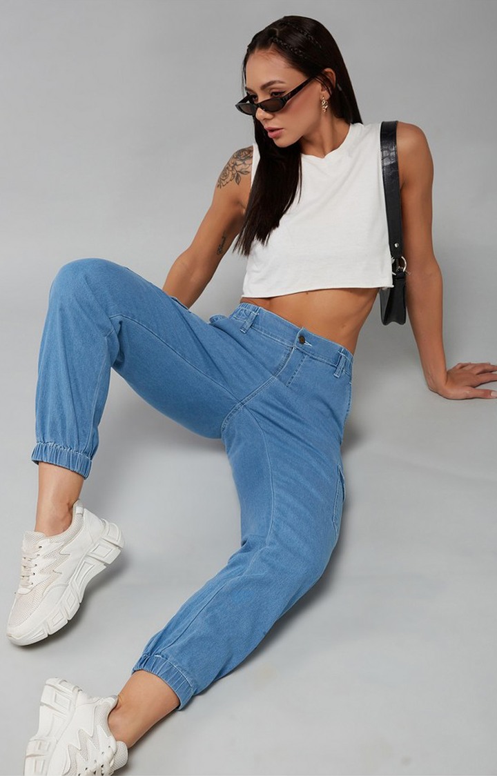 Women's Light Blue Regular High rise Clean look Regular Stretchable Denim Joggers