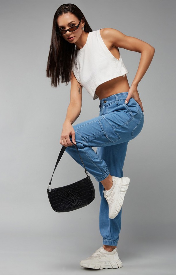 Women's Light Blue Regular High rise Clean look Regular Stretchable Denim Joggers