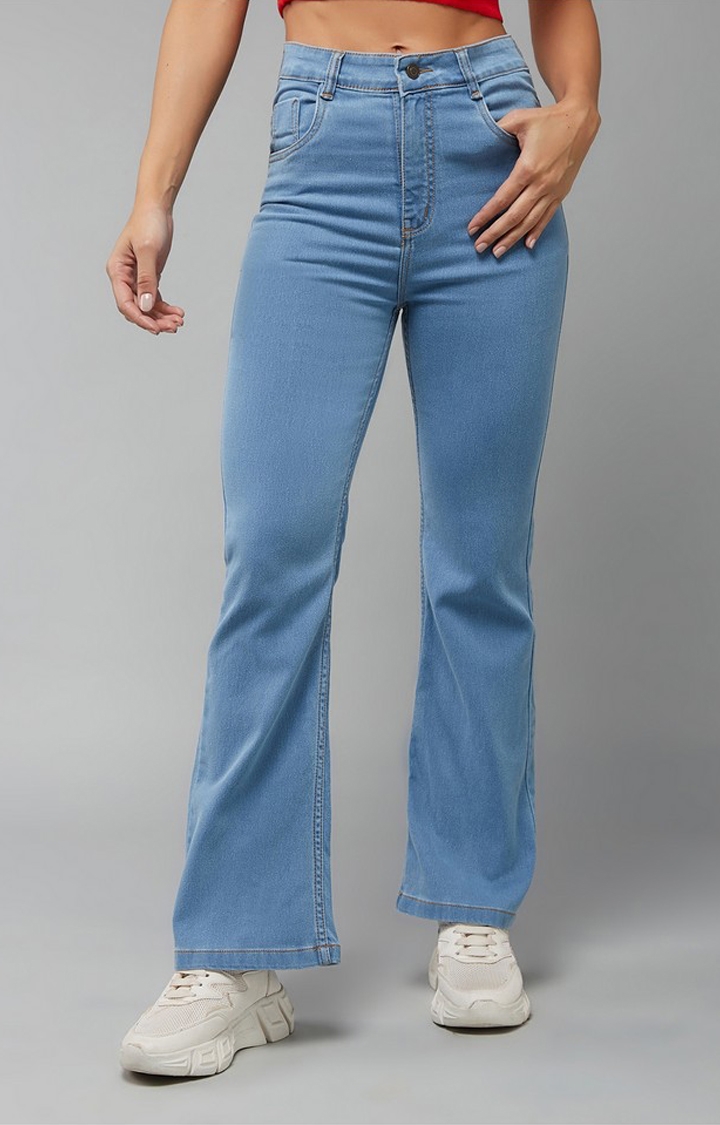 Women's Light Blue Bootcut High rise Clean look Regular Stretchable Denim Jeans