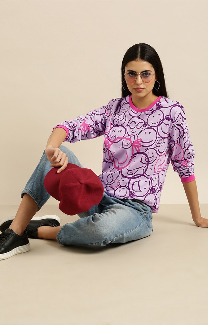 Difference of Opinion | Women's Lilac Cotton Graphic Printed Oversized T-Shirt 1