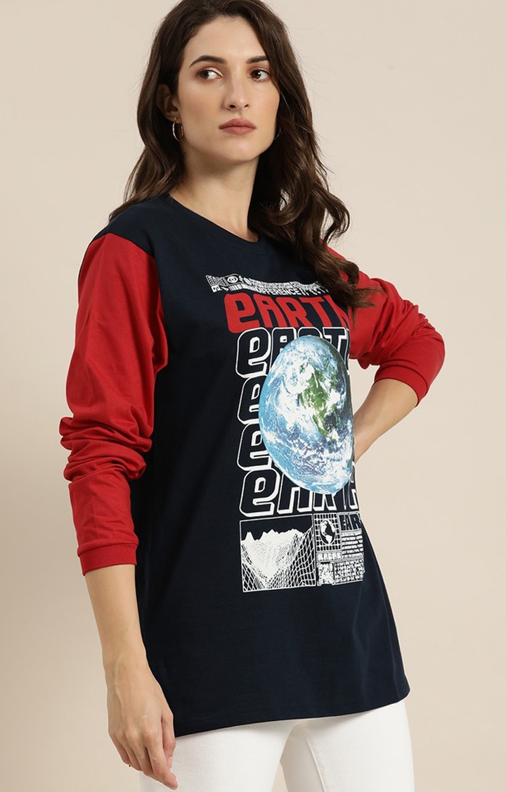 Difference of Opinion | Women's Navy Cotton Graphic Printed Oversized T-Shirt 2