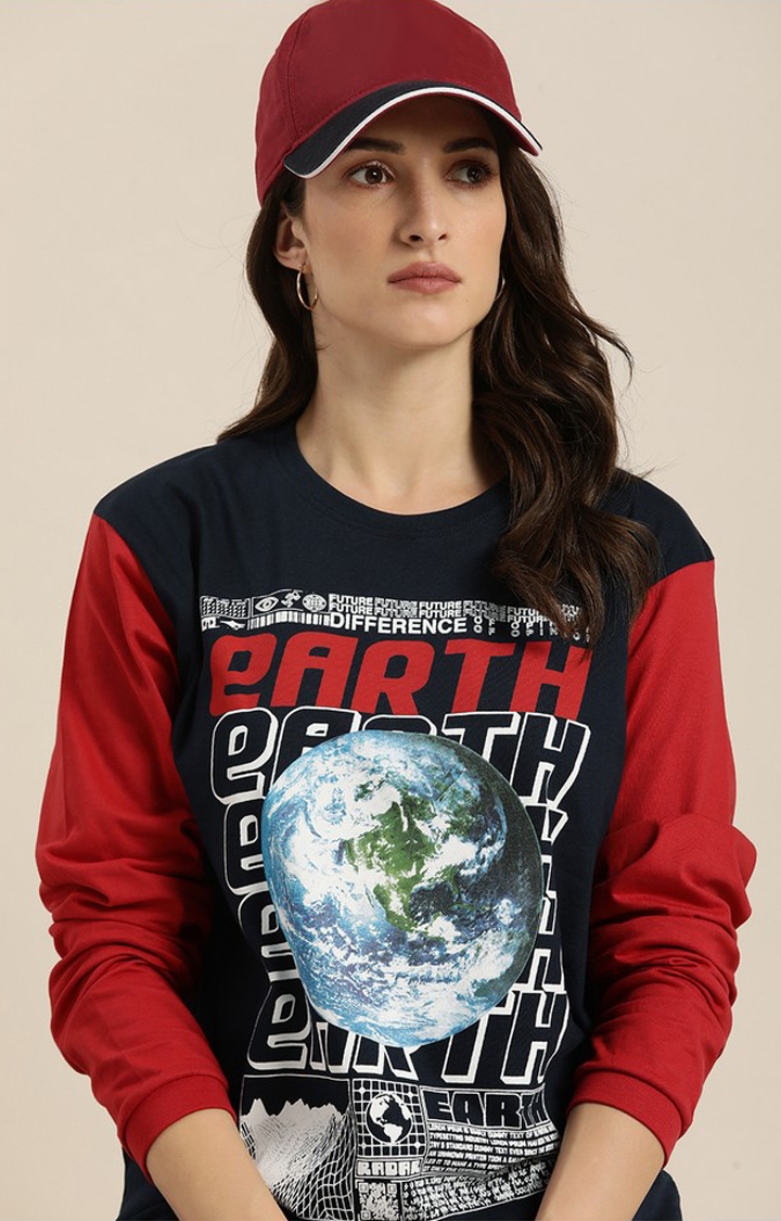 Difference of Opinion | Women's Navy Cotton Graphic Printed Oversized T-Shirt 0
