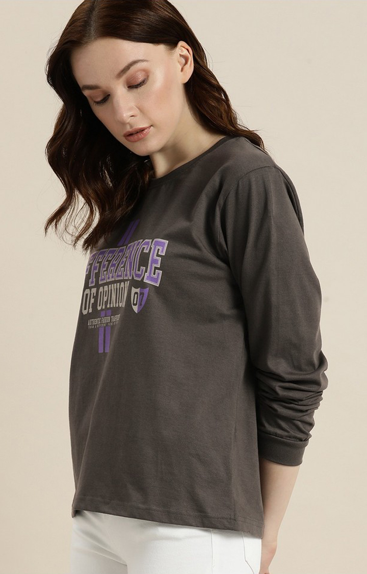 Women's Dark Grey Cotton Typographic Printed Oversized T-Shirt