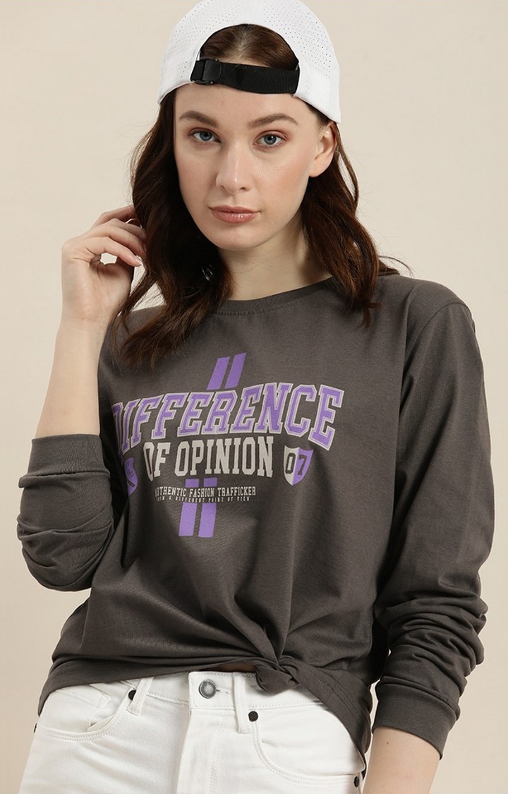 Difference of Opinion | Women's Dark Grey Cotton Typographic Printed Oversized T-Shirt