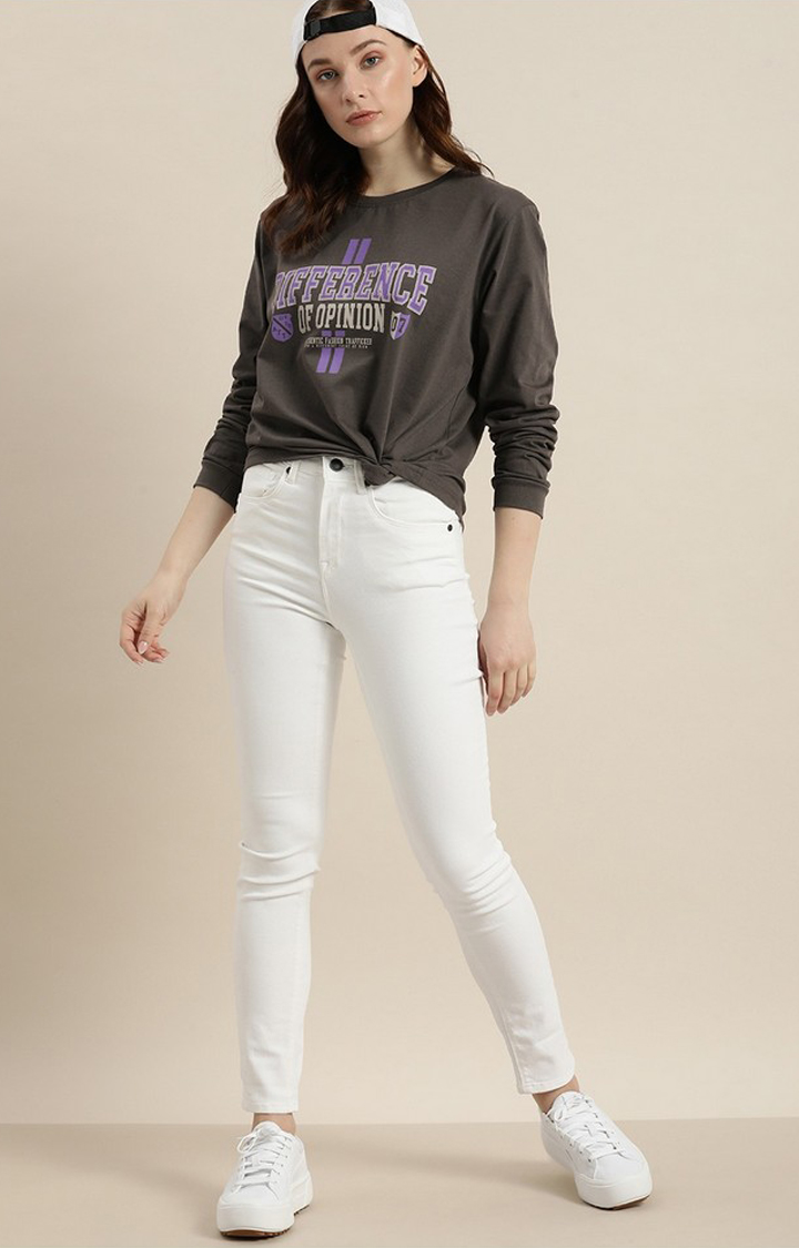 Women's Dark Grey Cotton Typographic Printed Oversized T-Shirt