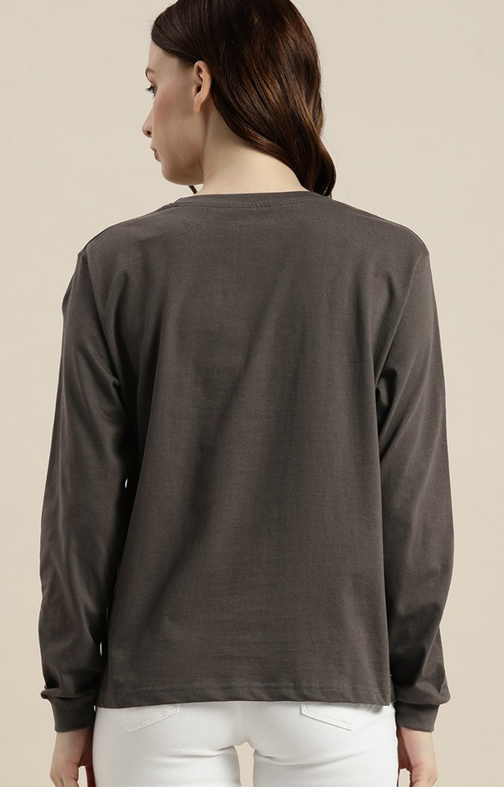 Women's Dark Grey Cotton Typographic Printed Oversized T-Shirt