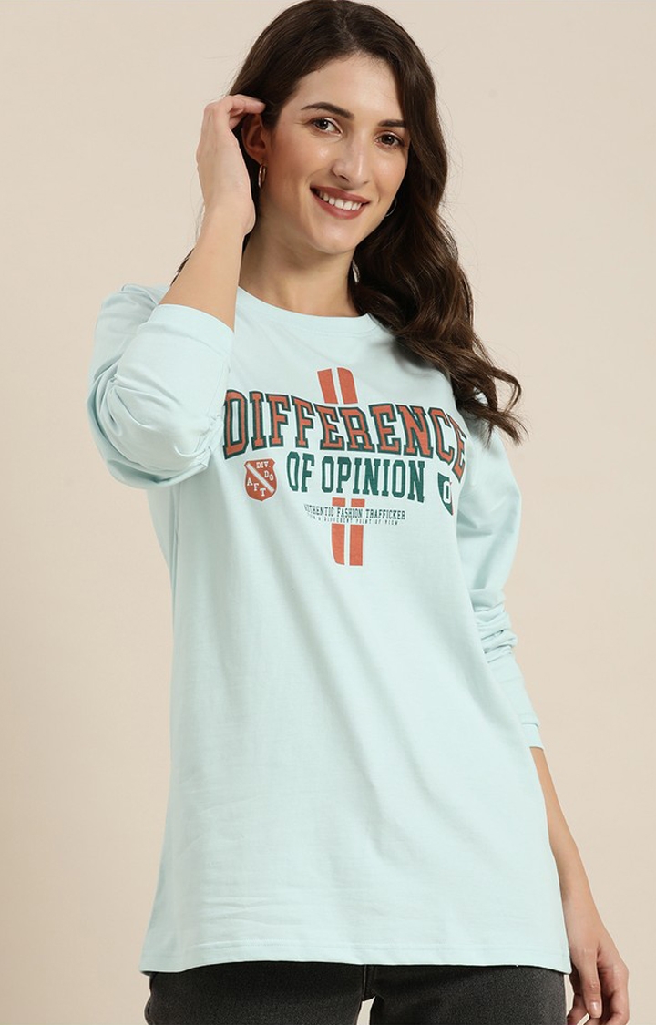 Difference of Opinion | Women's P.Blue Cotton Typographic Printed Oversized T-Shirt