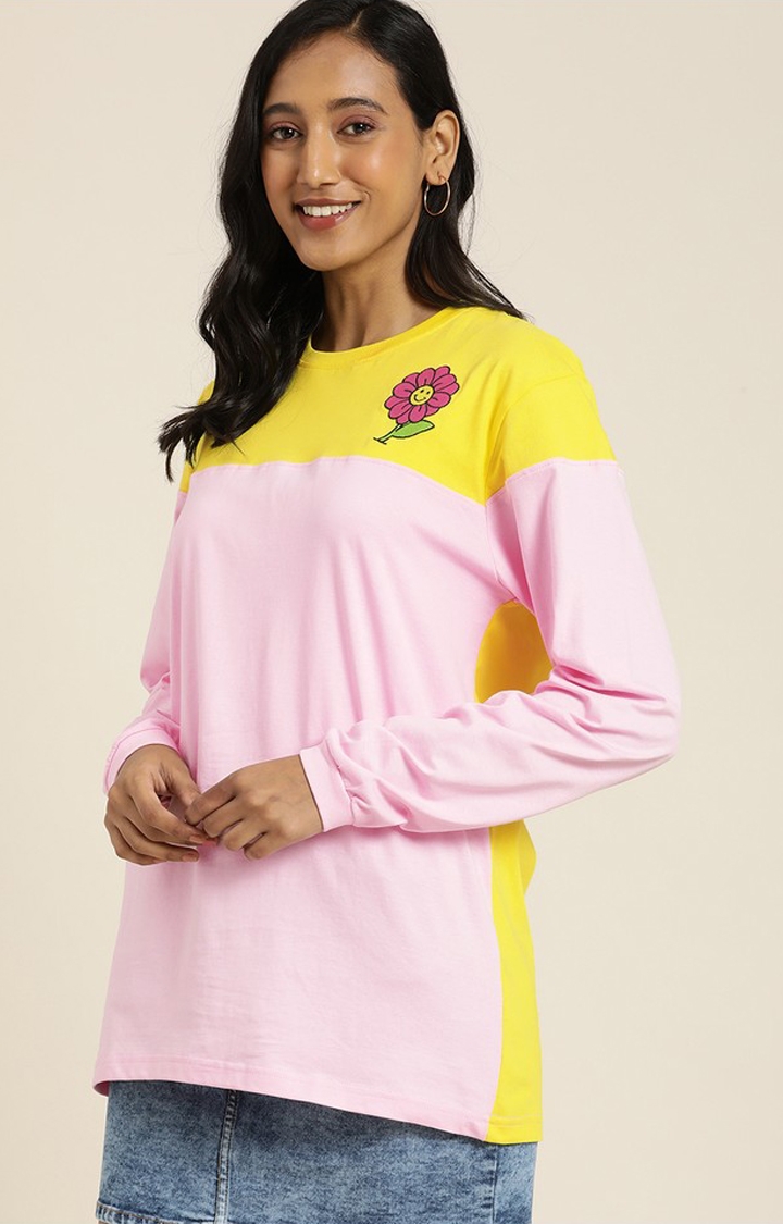 Difference of Opinion | Women's Pink & Yellow Cotton Floral Oversized T-Shirt 2