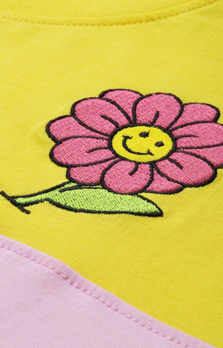 Difference of Opinion | Women's Pink & Yellow Cotton Floral Oversized T-Shirt 4