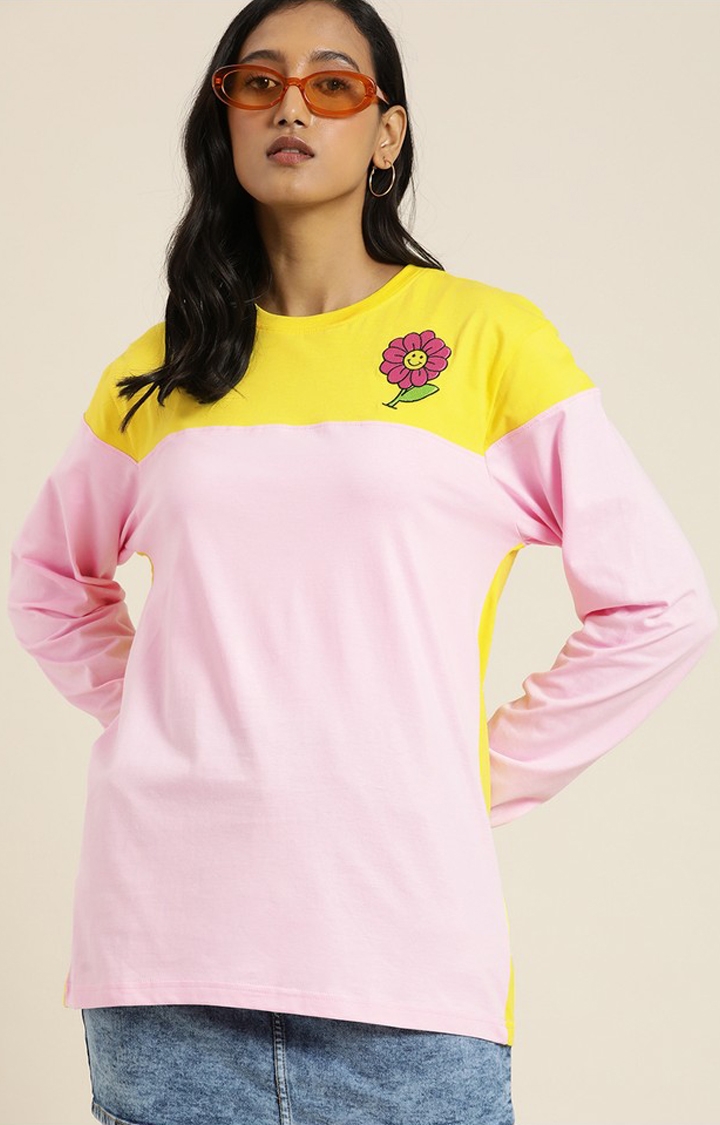 Difference of Opinion | Women's Pink & Yellow Cotton Floral Oversized T-Shirt