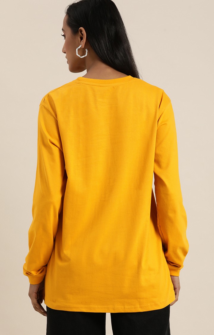 Women's Mustard Cotton Typographic Printed Oversized T-Shirt