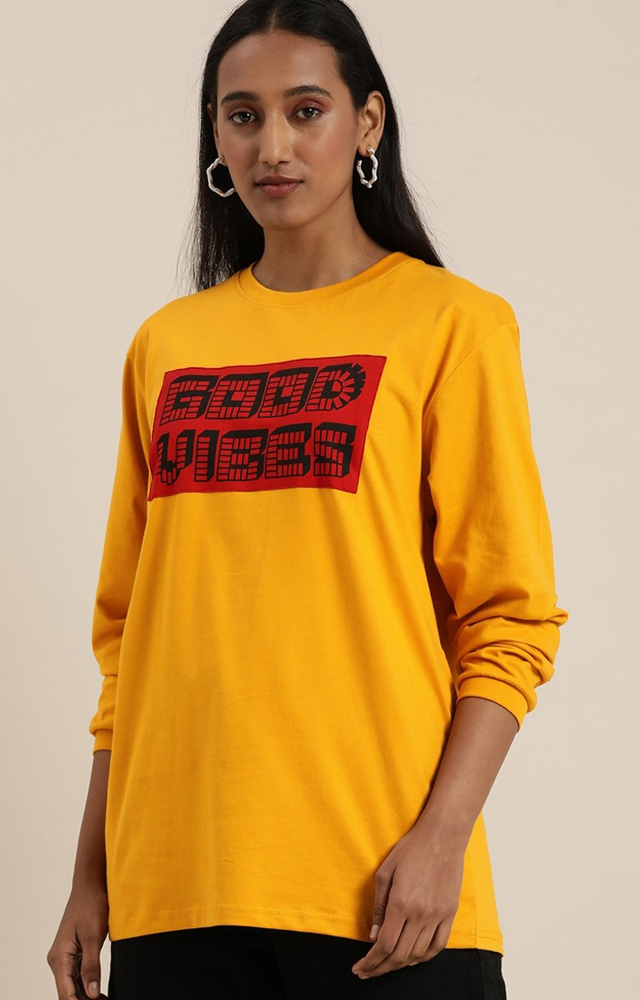 Difference of Opinion | Women's Mustard Cotton Typographic Printed Oversized T-Shirt